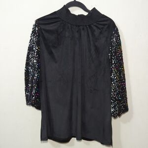 Oddy Black Velvet Blouse with Sequin Bishop Sleeves Mock Neck Women's Size 2XL